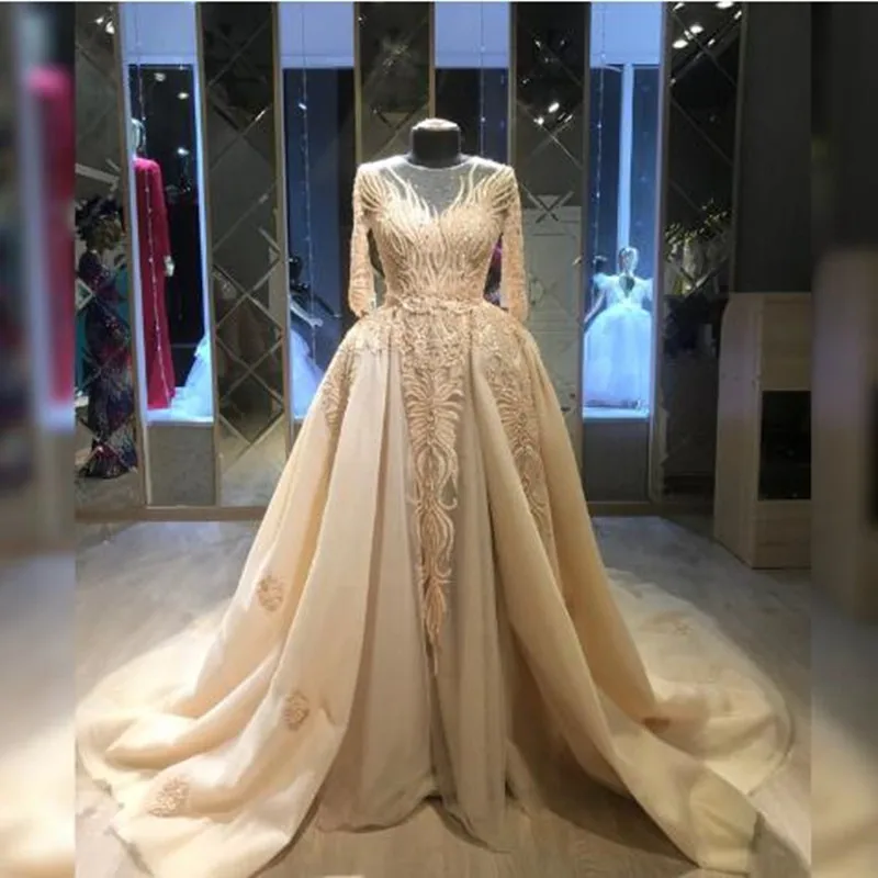 

Fashion Appliques Mermaid Evening Party Dresses With Detachable Train Long Sleeves Dubai Elegant Lace Prom Gowns Robe De Soiree