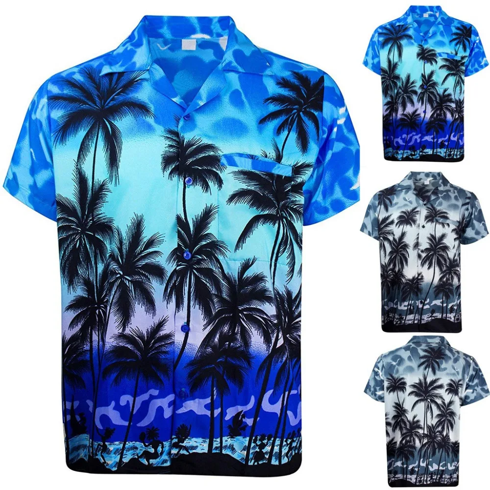Shirt Men's print Summer New Style Fashion Coconut Tree Hawaiian Style Short-sleeved Shirts Casual Seaside resort print Y528