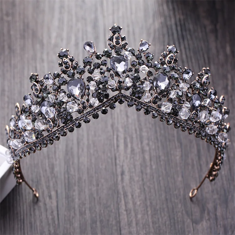 

Baroque Vintage Black Rhinestone Bridal Tiaras Wedding Hair Accessories Crystal Princess Pageant Crown Diadem for Bride Headband