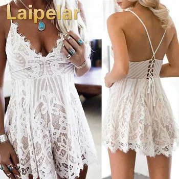 

New Summer Women Spaghetti Strap V-neck Backless Lace Floral Jumpsuit Lace-up Clothes