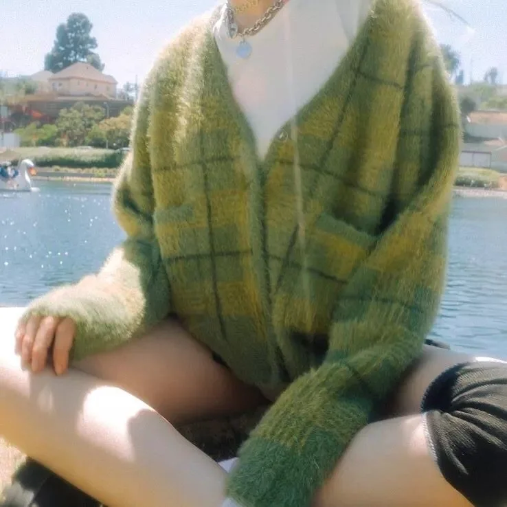 Женские винтажные клетчатые укороченные кардиганы, зеленые свитера, кардиган Feminino с длинным рукавом, осенне-зимние укороченные топы, повседневный свободный джемпер