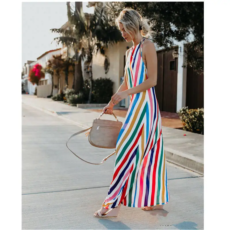 

Women Summer Cocktail Boho Long Dress Striped Summer Hot Fashion Female Party Beach Dresses Sundress