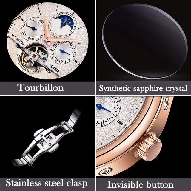 LIGE Brand Men Watches Automatic Mechanical Watch Tourbillon Sport Clock Leather Casual Business Retro Wristwatch Relojes Hombre -