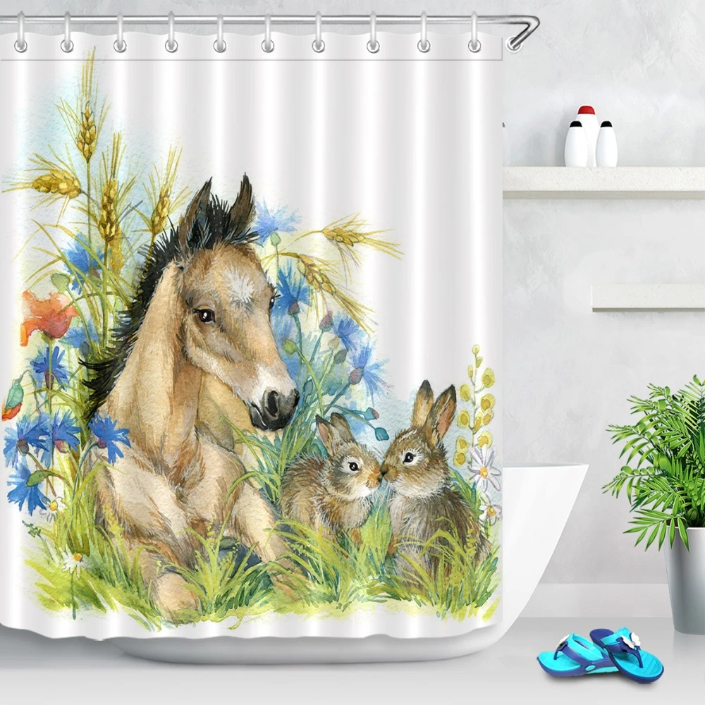 72 Bathroom Waterproof Fabric Shower Curtain Polyester 12 Hooks Bath Accessory Sets Watercolor Field Cute Horse Bunny Flowers Shower Curtains Aliexpress