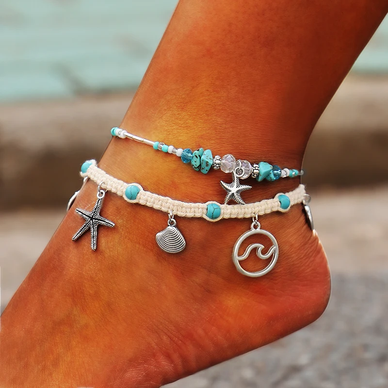 

2Pcs\Set Bohemian Starfish Stone Anklets Set For Women Vintage Handmade Wave Anklet Bracelet on Leg Beach Ocean Jewelry