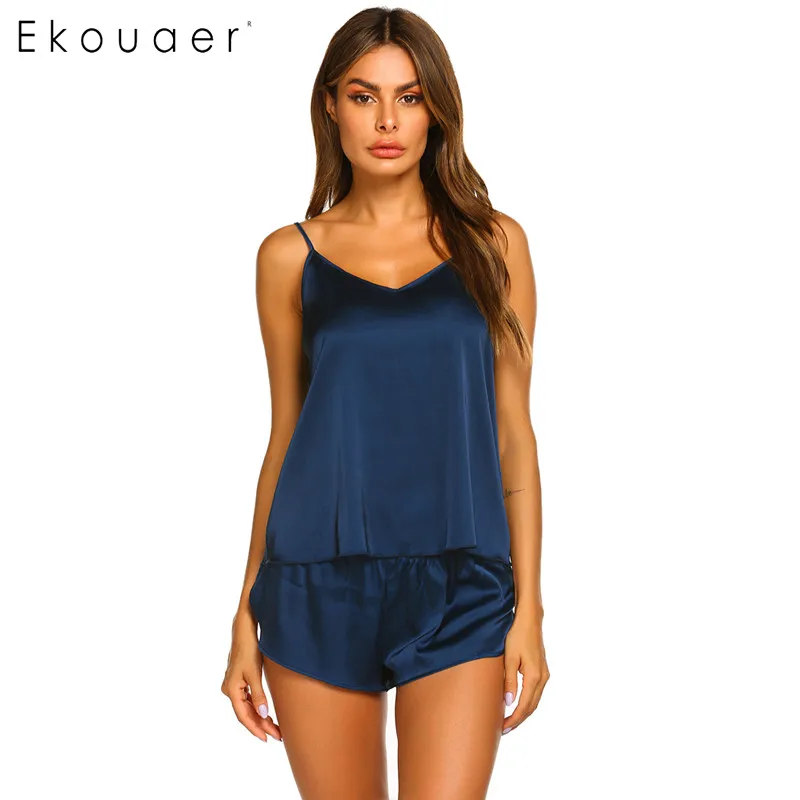 Ekouaer, женская летняя Пижама, сексуальная пижама, набор, Одноцветный, регулируемый ремень, топ, шорты, атласная пижама, свободные женские пижамы, костюмы - Цвет: Navy blue