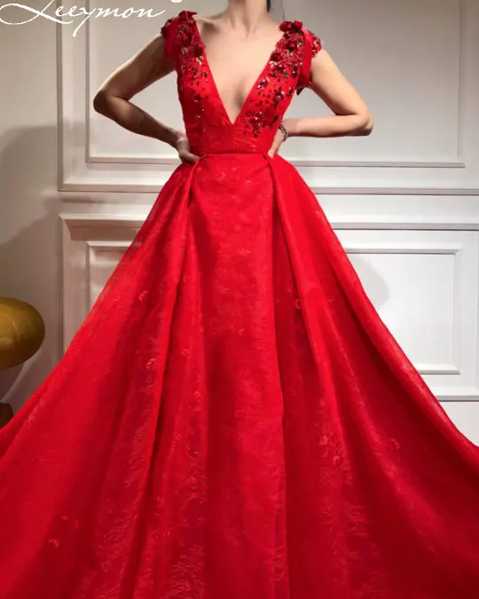 Leeymon Sexy V шеи красное кружевное вечернее платье A-Line плиссированные аппликации длина пола платье партии robe de soiree на заказ