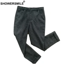 SHOWERSMILE, серые шерстяные брюки, мужские твидовые брюки в елочку, облегающие плотные зимние брюки, винтажная одежда в британском стиле