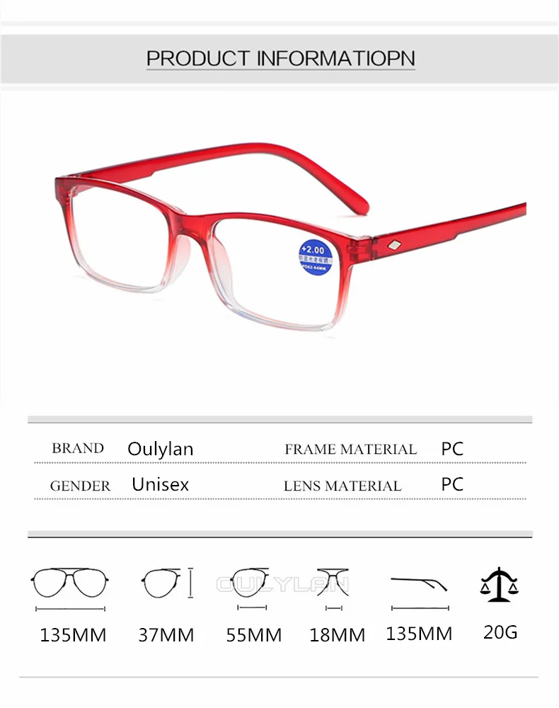 Oulylan Women Vintage Reading Glasses Rectangle Reader Fashion Eyeglasses Men Anti-blue light prescription Hyperopia Glasses