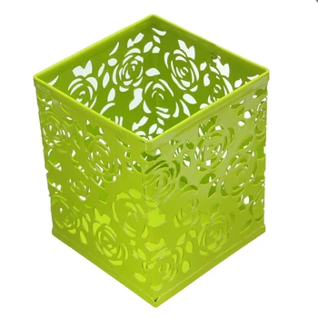 

2 PCS of Pen Holder Metal Hollow Rose Flower Pattern Square Green
