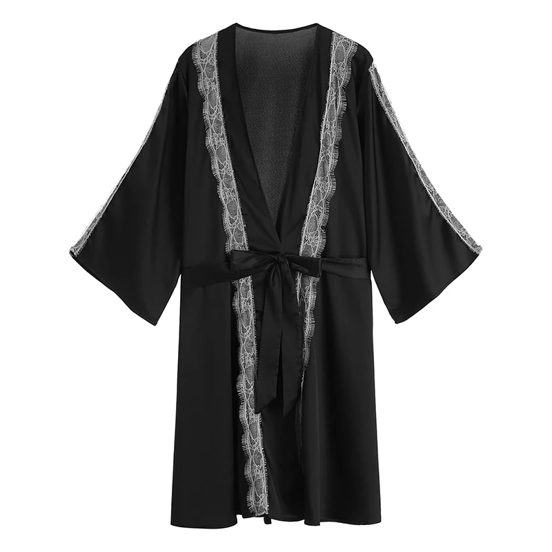 Сексуальная Осенняя кружевная тонкая Домашняя одежда из искусственного шелка с длинным рукавом, ночная рубашка для отдыха, комплекты для сна, женская пижама, платье, Халат