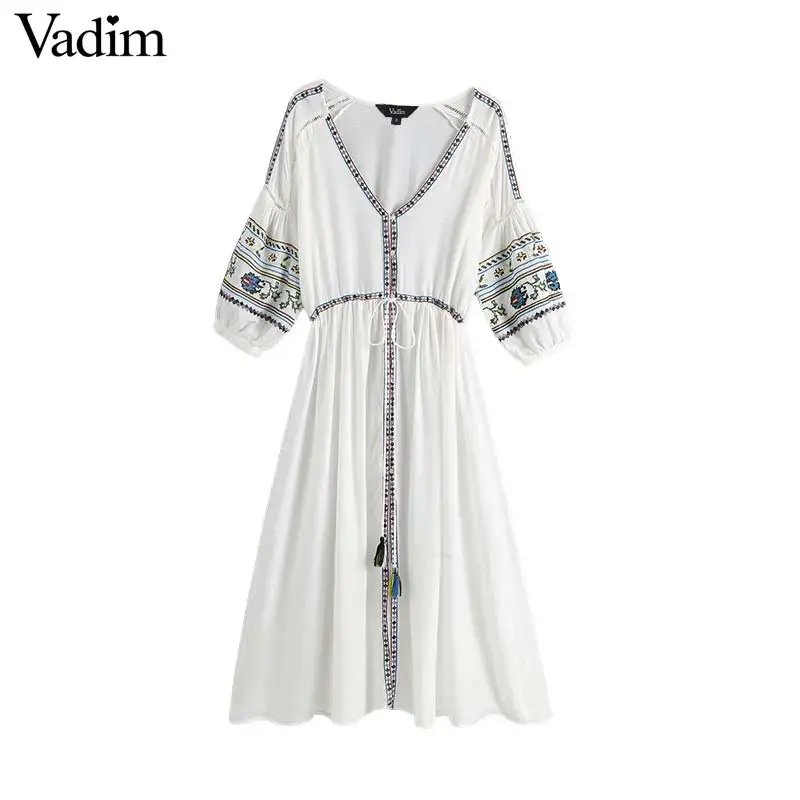 

Vadim women embroidery midi dress three quarter sleeve drawstring tie tassels female casual dresses white A line vestidos QC011