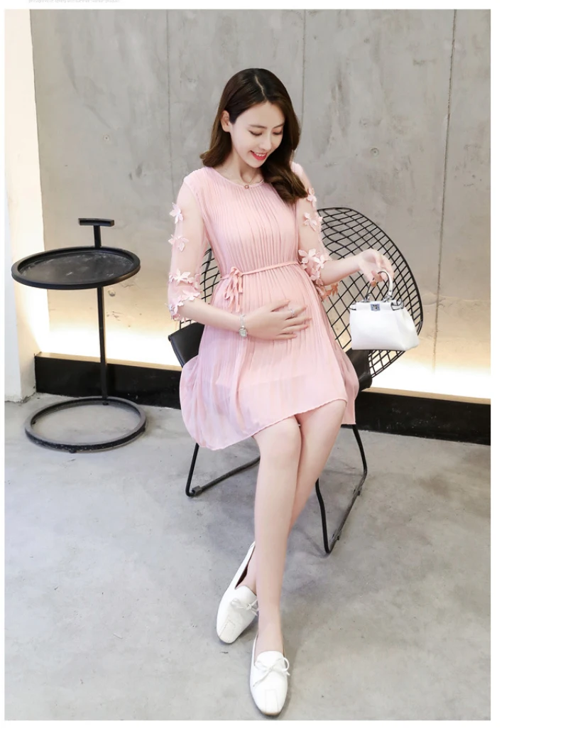 Maternity Women Chiffon Sheer Pleated Dress 3D Flower Half Sleeve Chic Cute Pregnancy Tops Summer Style Pink Black Gray Dress  (6)