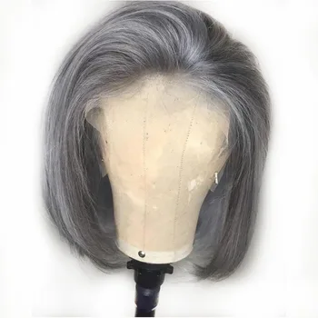 

Grey Colored Human Hair Wigs 13X4 Short Bob Lace Front Blunt Cut Wig Brazilian Remy Natural PrePlucked For Black Women Baby Hair