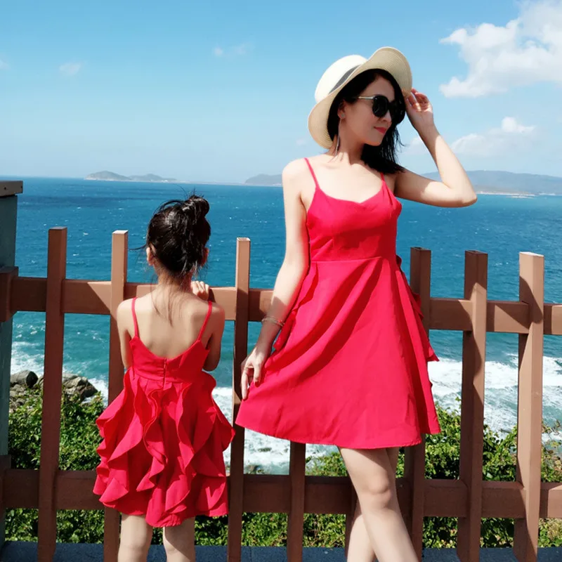 

Mom Daughter Red Backless Sing Short Dress for Beach Holiday Family Matching Outfit High Quality Chiffon Family Clothes