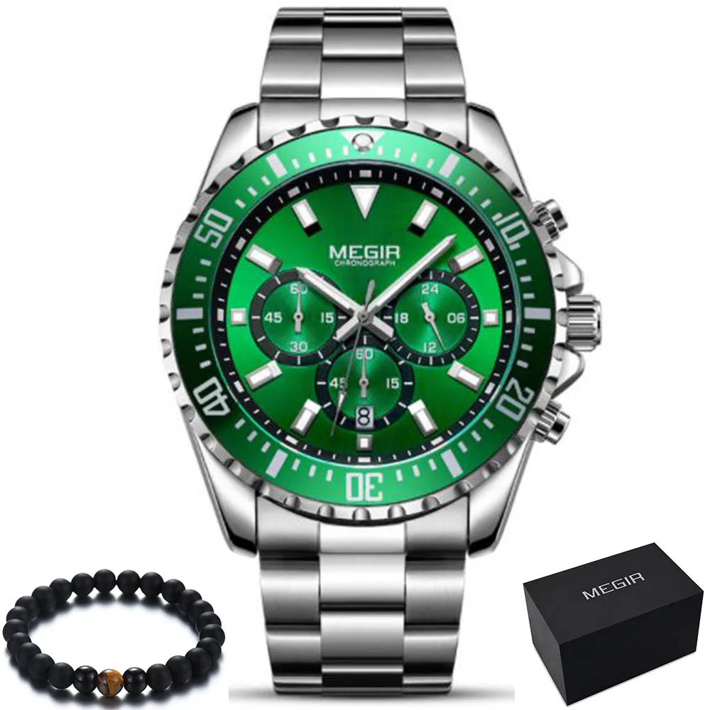 Megir мужские часы спортивные из нержавеющей стали аналоговые кварцевые наручные часы многофункциональные хронограф Relojes Masculino Hombre часы мужские - Цвет: Зеленый