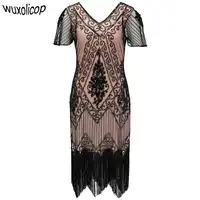 Embellished Beaded Sequin Dress Robe Vestidos Women 1920s Flapper Dress Vintage V Neck Butterfly Sleeve Long Great Gatsby Dress