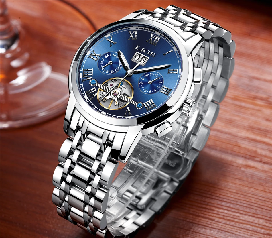 LIGE Mens Watches Top Luxury Brand Automatic Mechanical Watch Men Full Steel Business Waterproof Sport Watches Relogio Masculino