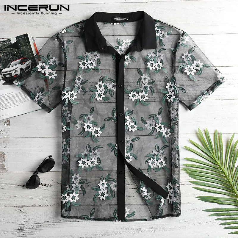 INCERUN Mesh Men Shirt Printing Transparent Sexy Short Sleeve Slim Fit Party Tops See Through Fashion Club Lace Shirts Men