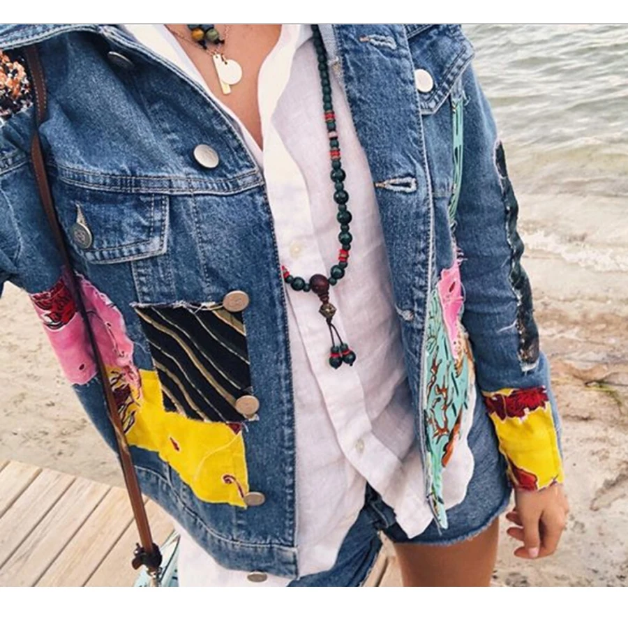 Automne Manteau Boho Broderie Longue Pour Qppliques Teelynn Animé Femmes Jean Veste Wintage Dessin En Manche Les Motif Atwqpdx7w