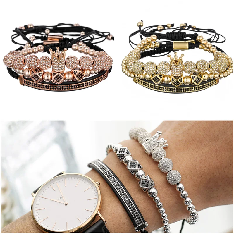 

3Pcs/Set Couple 8MM Micro Pave CZ Ball Rhombus Moon Crown Charm Bracelet Set Braiding Man Women Luxury Jewelry Pulseira Bileklik