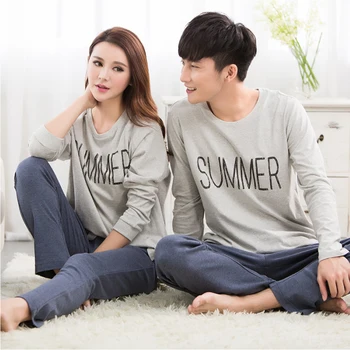 

Hot New 100% Cotton Couple Pajamas Long Sleeve Round Neck Letters Pijama Size M-XXXL Casual Pyjamas Women , pijama hombre