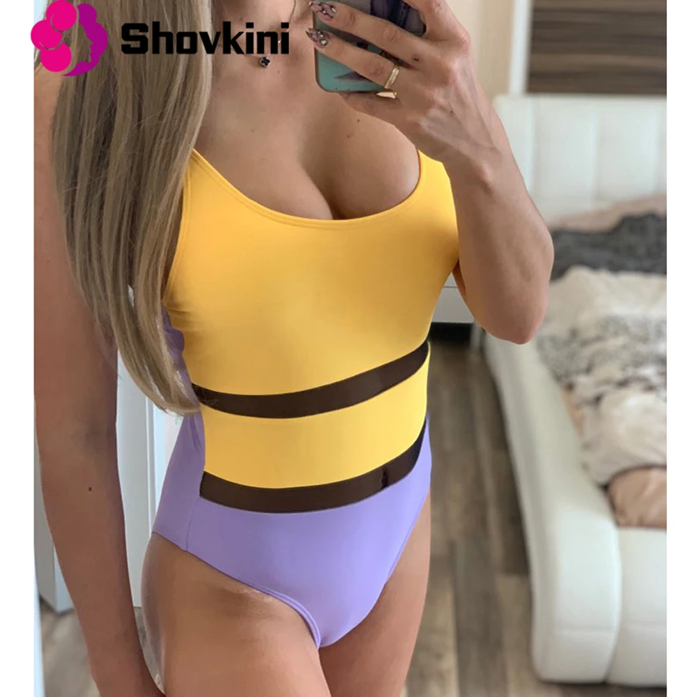 

New Sports Sexy One Piece Swimsuit Women Swimwear Soft Cup Mesh Solid Patchwork Stripe Swim Suit Yellow Swimsuit bikini