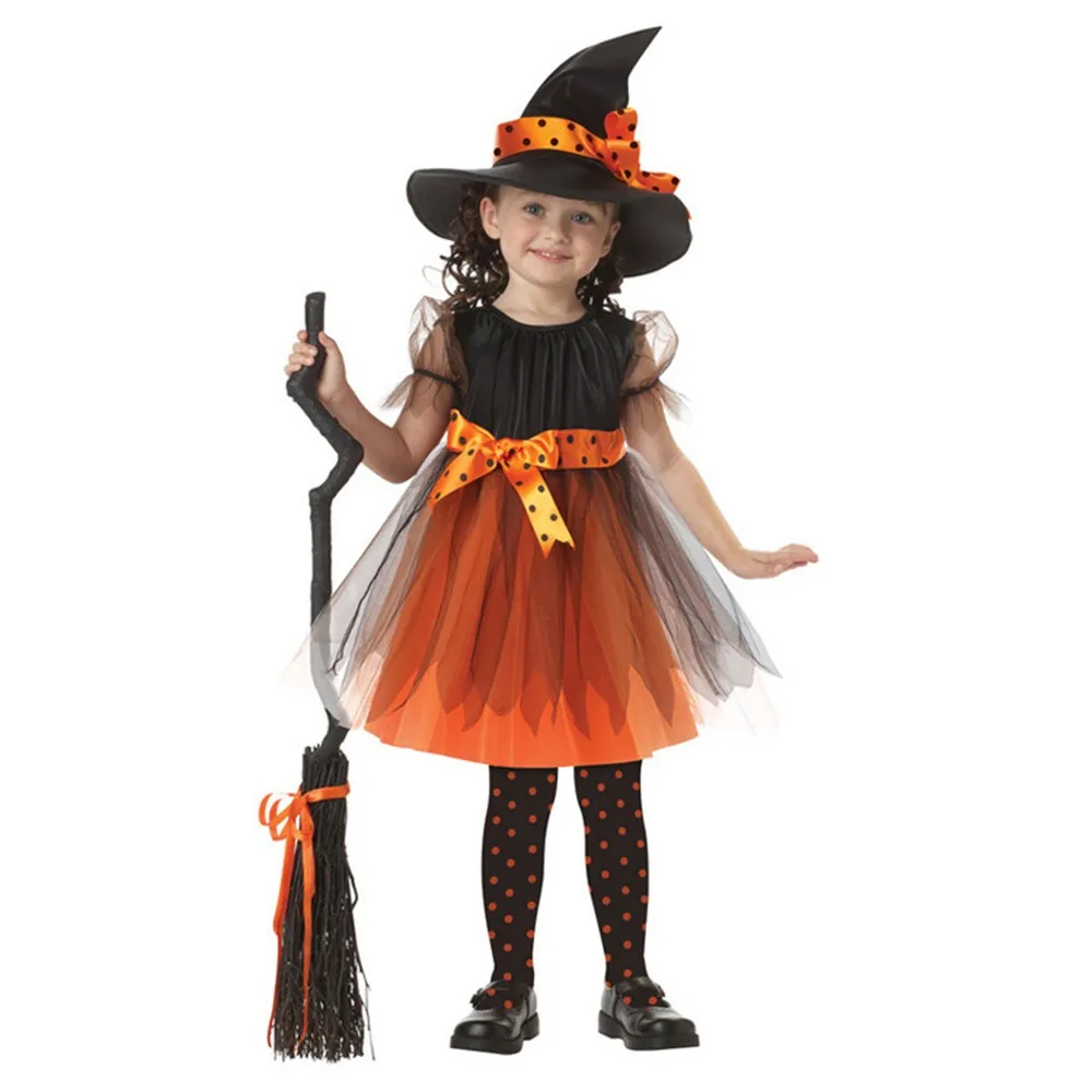 

2017 Girl Witch Dress + Hat Cap Princess Party Dresses Tutu Baby Kids Children Clothing Carnival Halloween Cosplay Costume