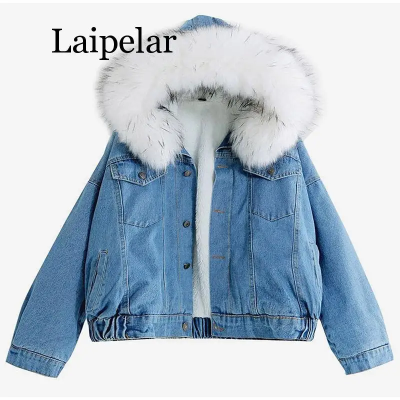 discount  Women Jean Jacket Winter Thick Jean Jacket Faux Fur Collar Fleece Hooded Denim Coat Female Warm Den