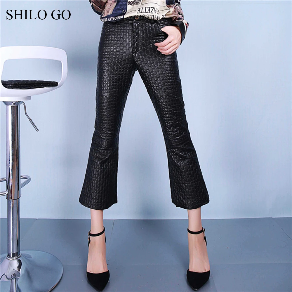 SHILO GO Leather Pants Womens Spring fashion sheepskin genuine leather Pants high waist lady office 3D Plaid concise flare pants