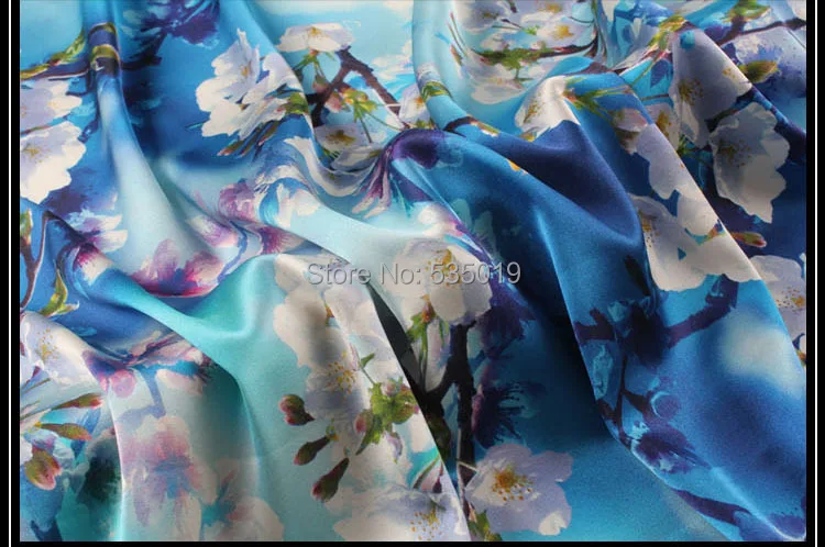 Супер 19 мм 93% шелк 7% спандекс синий цветок сливы шелковый, с принтом ткань для платье с геометрическим принтом рубашка одежда Материал текстиль ткань детская лоскутная ткань лен ткань лоскутное шитье шелк ткань