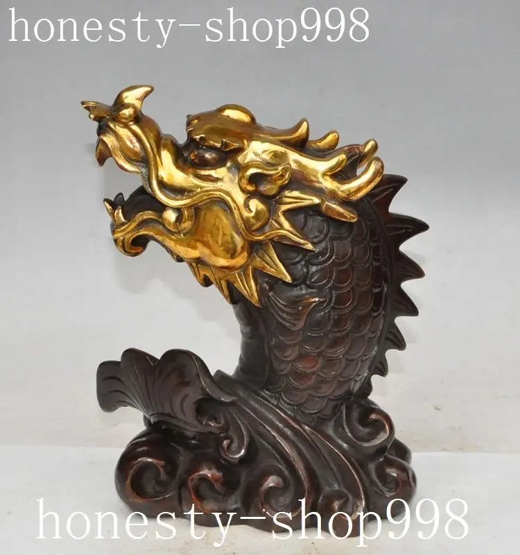 

Crafts statue Old China Bronze gilt Feng Shui Lucky Scleropages arowana Dragon Fish Statue