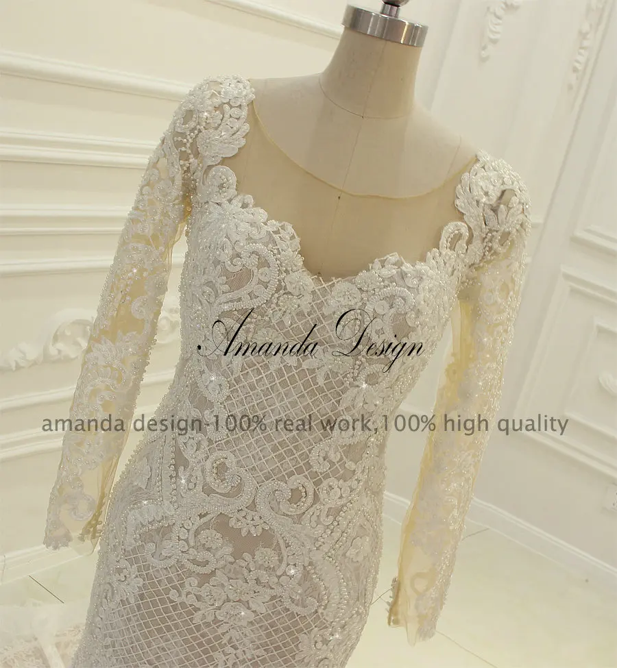 Аманда дизайн hochzeitskleid Роскошные ручной работы длинный рукав с бисером Русалка свадебное платье цвета шампань