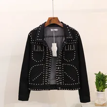 Осень Джинсовый бомбер для женщин модный бренд длинный рукав узкие джинсы куртка Feminina персонализированные пальто с заклепками S-L