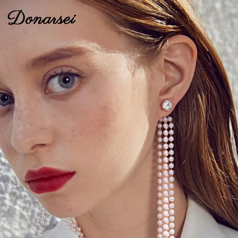 

Donarsei 2019 New Fashion Line Pearl Earrings For Women Simple Rhinestone Long Tassel Drop Earrings Friendship Gift