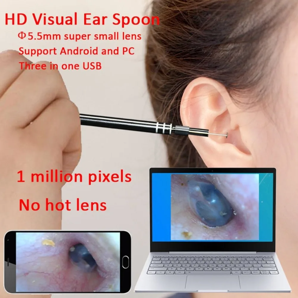 

3 in 1 USB Ear Cleaning Endoscope Camera 1.0 Mega Pixel Borescope Inspection Camera Earpick Tool for Android Phones and PC