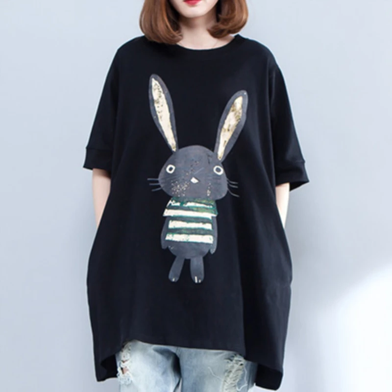 

Johnature Cartoon Rabbit Print Fashion Top Loose Plus Size Women o-neck Long Cartoon T-shirt 2019 Spring Summer New Shirt