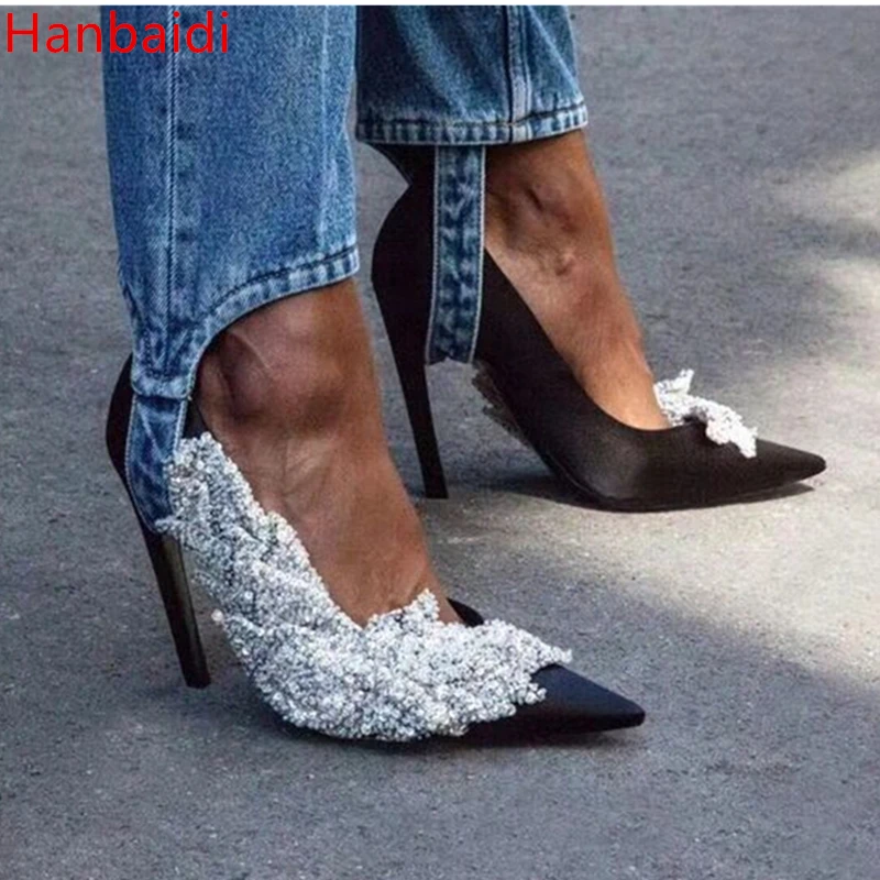 

Hanbaidi Women High Heels Pumps Luxury Design Rhinestone Crystal Women Party Wedding Shoes Runway Poinetd Toe Slip On Shoes 43