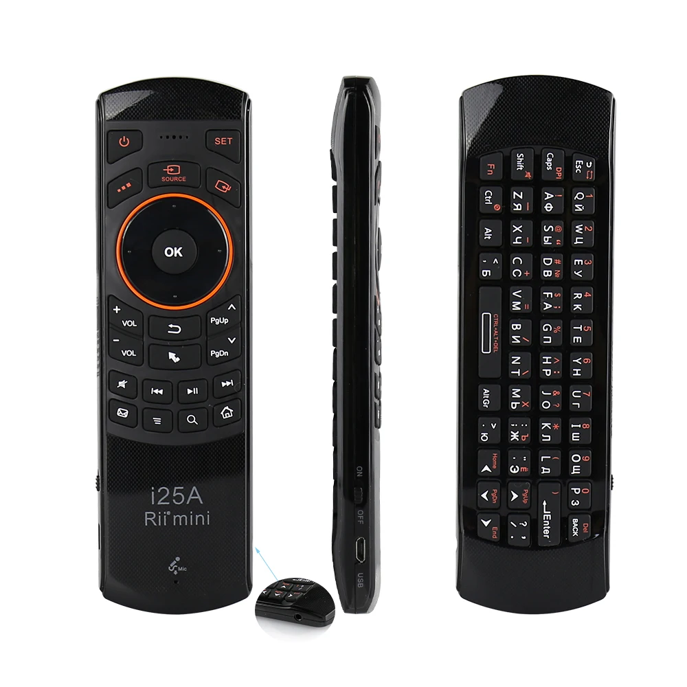 baratas Rii Original mini i25A 2.4g Teclado Sem Fio Russo Inglês Áudio IR Controle Remoto para Mini PC Portátil HTPC Android caixa de TV