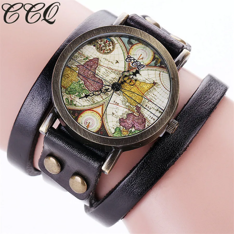 

CCQ Brand Women Fashion World Map Watch Vintage Genuine Leather Rivet Punk Casual Bracelet Quartz Watch Relogio Feminino