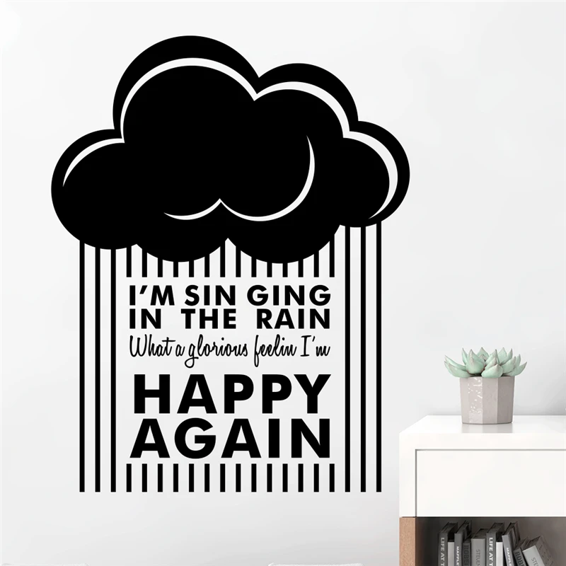 

Inspiring Happy Again Quotes Wall Stickers Home Decor Living Room Vinyl Clouds Raining Wall Decals Diy Mural Art Black Wallpaper