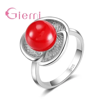 

Best Selling Round Pearl Rings White Red Color 925 Sterling Silver Noble Symbol Women Fingers Jewelry To Party Dinner