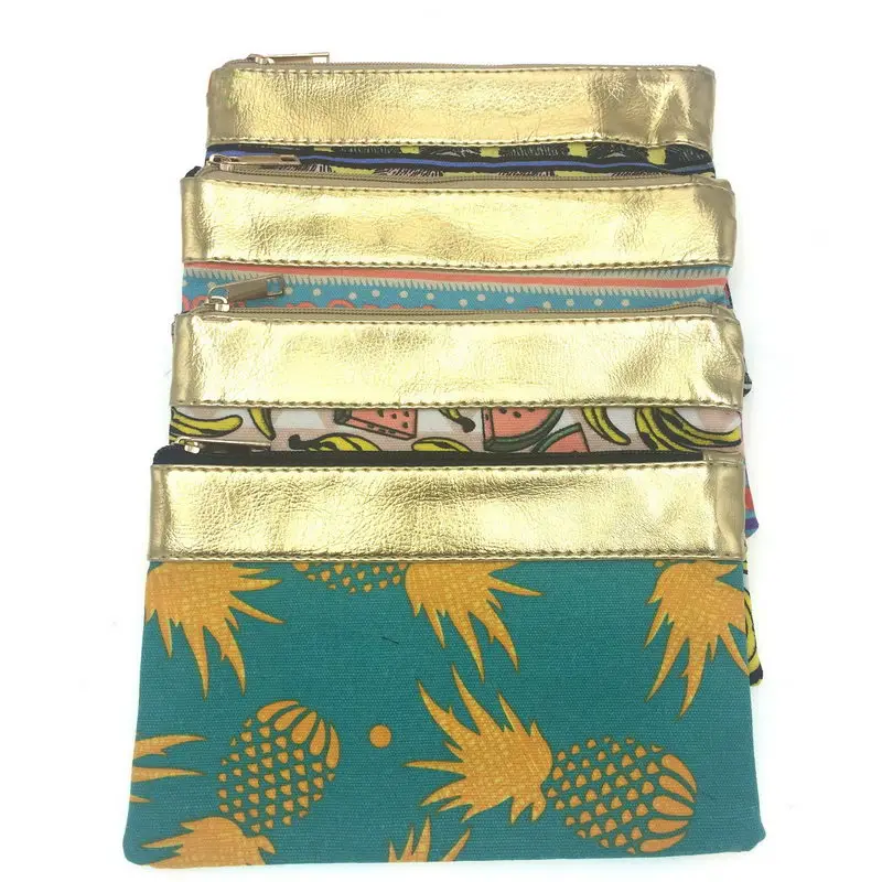 KANDRA Ethnic Patchwork Gold Tone Leather Chevron Cosmetic Bag 2019 Watermelon Fruit Print Canvas Travel Pouch Pineapple