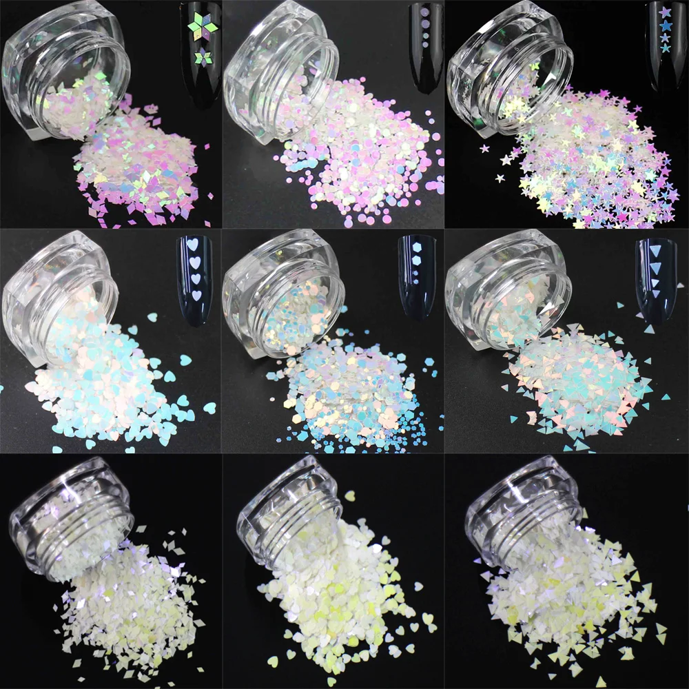 

18 Styles! Rhombus/Hexagon/Heart/Round/ Triangle/Star Sequins, Iridescent Rainbow Shining Slice 3D Nail Art Glitters Paillettes