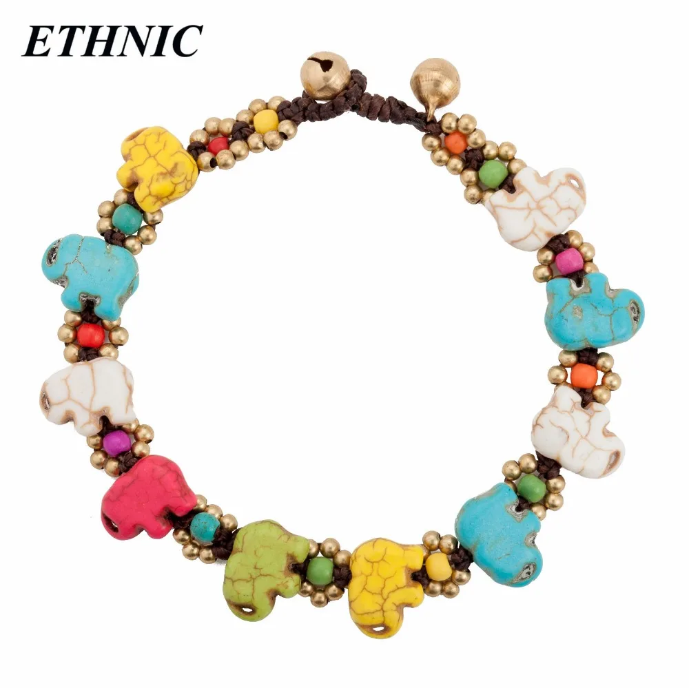 

ETHNIC Brand Retro Bohemian Elephant Charm Stone Gold-Color Beads Chain On Foot Anklets for Women Beach Fashion Anklet