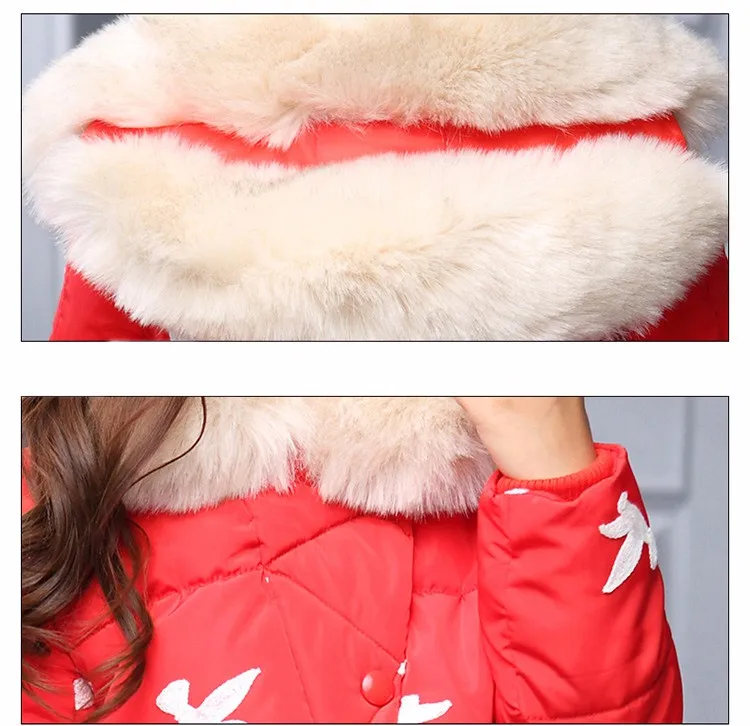 Куртка с хлопковой подкладкой для девочек теплое зимнее пальто Детская верхняя одежда с вышивкой длинное пальто модная детская зимняя одежда
