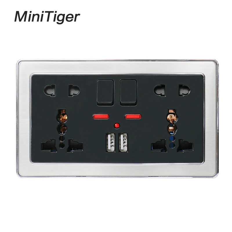 

Minitiger Double Universal 5 Hole Switched Wall Socket With Neon 2.1A Dual USB Charger Port Stainless Steel Frame Black Outlet