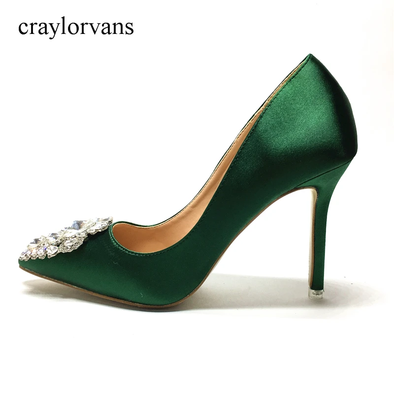 Meilleur 2017 Nouveau Glitter Strass Haute Talons Chaussures Vert Couleur Femmes Pompes bout Pointu Femme Cristal Chaussures De Mariage Zapatos Mujer 718