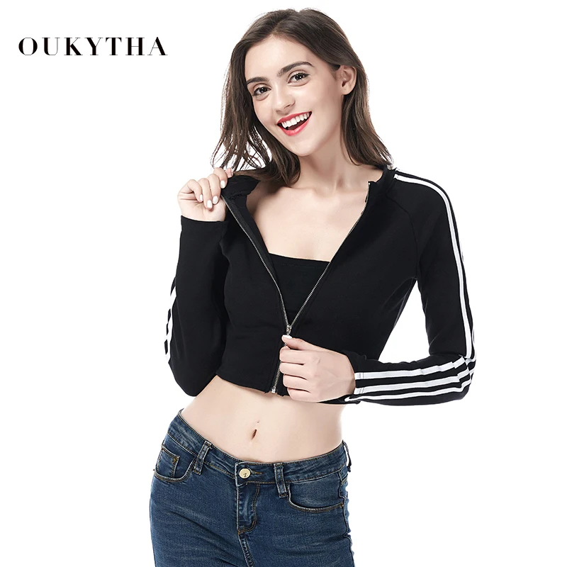 

Oukytha Women Crop Jacket New 2018 Autumn Zipper Stripe Causal Coat Long Sleeve Female Jackets Outerwear Clothes GKZ18053