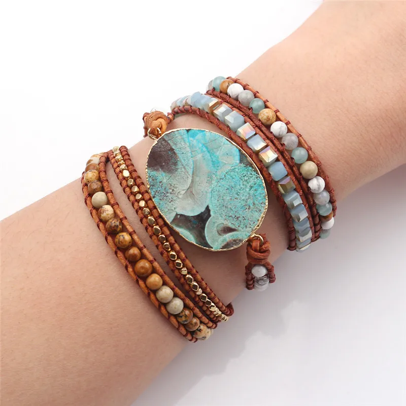 

Women Leather Bracelet Unique Mixed Natural Stones Gilded Stone Charm 5 Strands Wrap Bracelets Handmade Boho Bracelet